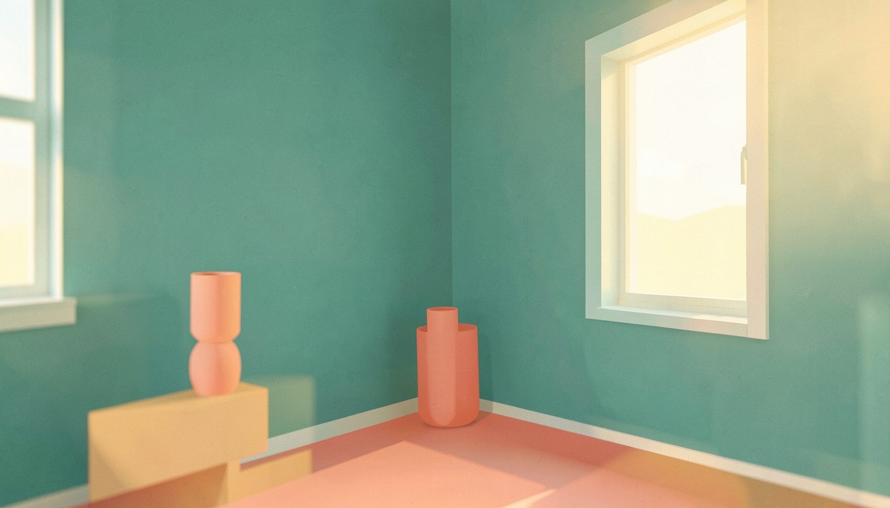 Flat-style illustration-like photo of a simple welcoming interior corner with teal and coral accent colors, soft daylight, minimal decor