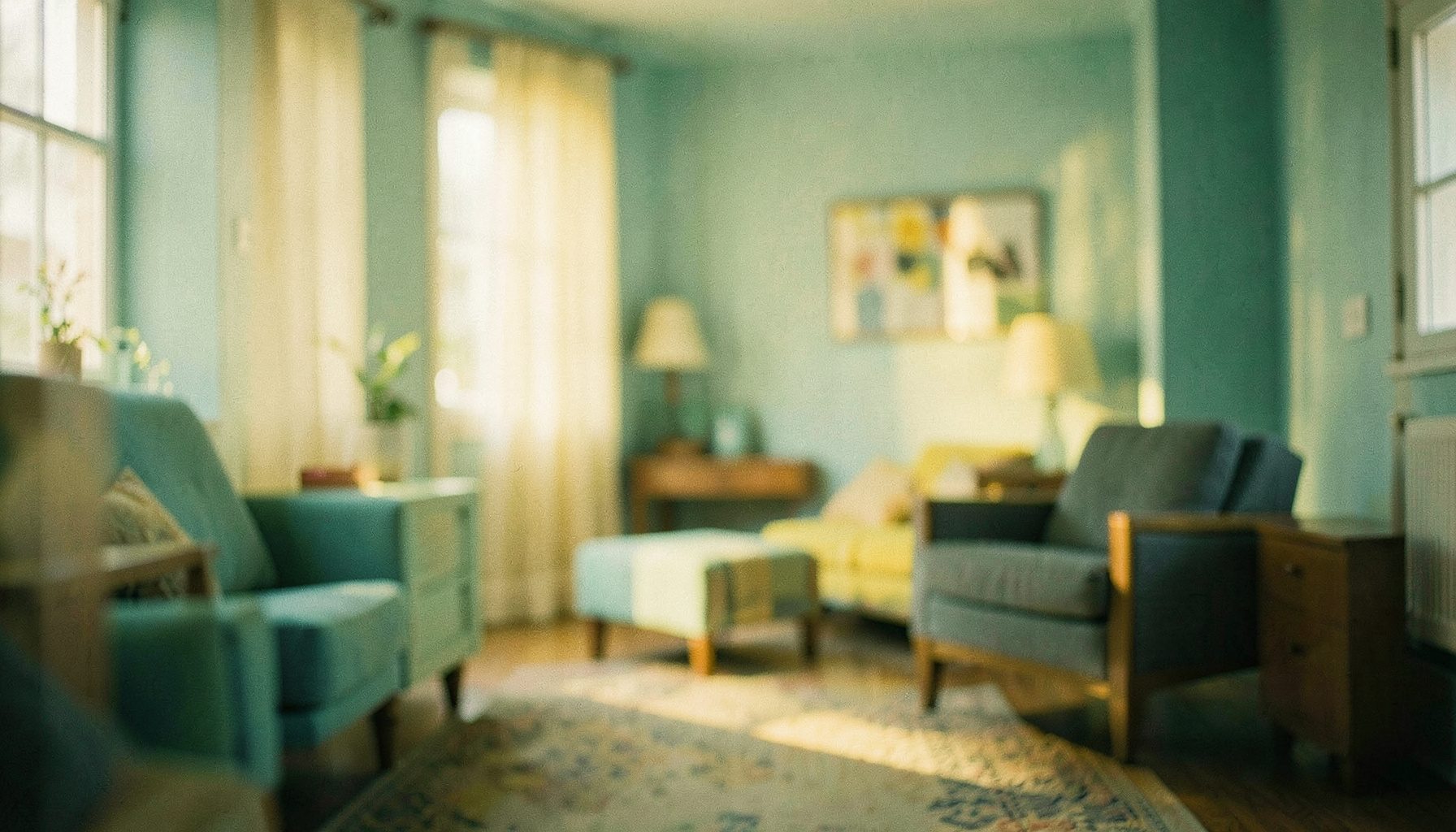 Wide cinematic strip of a quiet indoor common space with warm turquoise and yellow tones, soft ambient light, shallow depth of field, calm and inviting mood